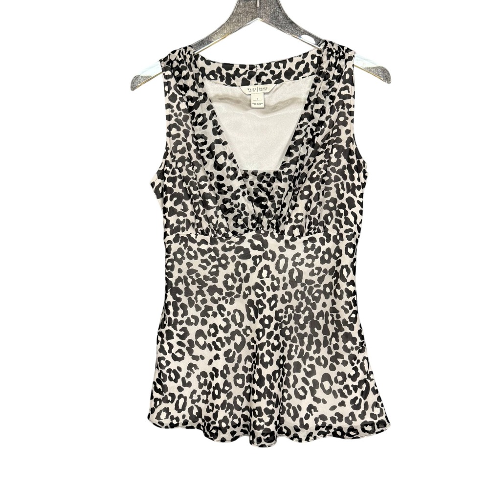 WHBM Blouse Womens Small Silk Black White Leopard Print Sleeveless V Neck Top